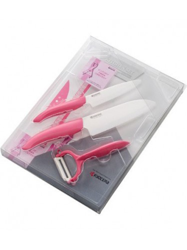 2 Kyocera ceramic knifes 11&14cm + peeler + board